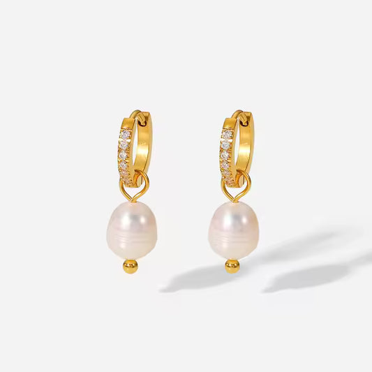 Luna – Gold Zircon Hoop Freshwater Pearl Earring